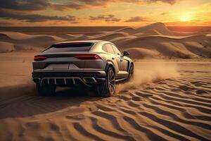 luxury car on sand dunes. Generative AI photo