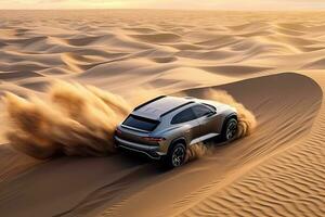 luxury car on sand dunes. Generative AI photo