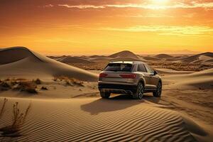 luxury car on sand dunes. Generative AI photo