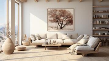 Modern luxury spacious penthouse living room interior design with comfortable sofa, coffee table. photo