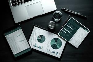 Smartphone and Tablet pc with financial charts and graphs on office desk, business concept. Generative AI photo