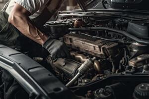 profesional mecánico trabajando en auto reparar tienda. coche Servicio y mantenimiento concepto. generativo ai foto