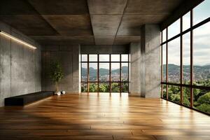 Empty room with panoramic window and mountain view. Generative AI photo