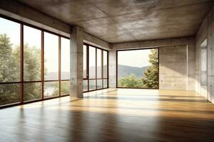 Empty room with panoramic window and mountain view. Generative AI photo