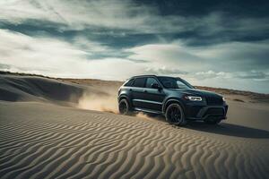 luxury car on sand dunes. Generative AI photo