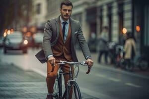 Handsome young man in suit and tie riding bicycle in city. Generative AI photo