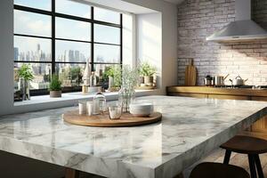 Interior of modern kitchen with gray walls, concrete floor, white marble countertops and bar with stools. Generative AI photo