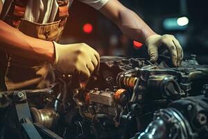 Close-up of mechanic hands repairing car engine in auto repair shop. Generative AI photo