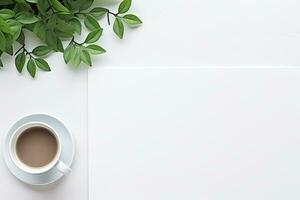 Office desk table with keyboard and coffee cup. Top view with copy space. Generative AI photo