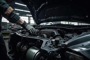 Professional mechanic working in auto repair shop. Car service and maintenance concept. photo