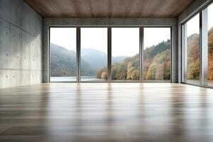 Empty room with panoramic window and mountain view. Generative AI photo
