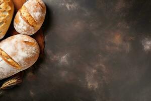 Freshly baked bread and wheat ears on rustic background. Top view with copy space. Generative AI photo