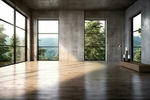 Empty room with panoramic window and mountain view. Generative AI photo