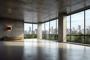 Empty room with panoramic window and mountain view. Generative AI photo