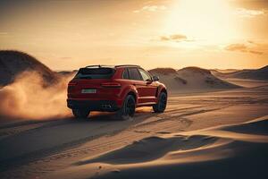 luxury car on sand dunes. Generative AI photo