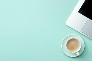 Office desk table with keyboard and coffee cup. Top view with copy space. Generative AI photo