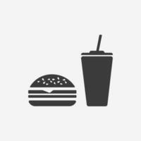 rápido comida hamburguesa, hamburguesa, bebida taza icono vector firmar símbolo