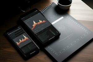 Smartphone and Tablet pc with financial charts and graphs on office desk, business concept. Generative AI photo