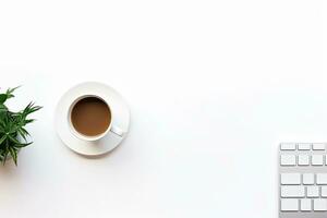 Office desk table with keyboard and coffee cup. Top view with copy space. Generative AI photo