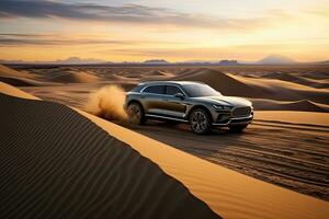 luxury car on sand dunes. Generative AI photo