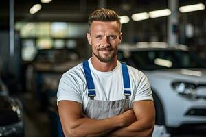 Technician, male auto mechanic in coverall in modern auto repair shop, garage. Generative AI photo