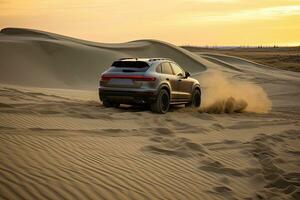 luxury car on sand dunes. Generative AI photo