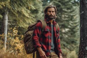 hermoso barbado hombre con mochila en el otoño bosque. viaje y aventuras concepto. generativo ai foto