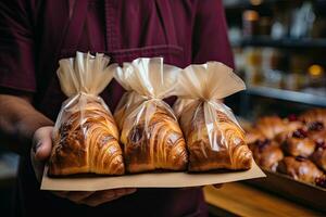 Employees package customers with fresh pastries in a stylish shop.. Generative AI photo