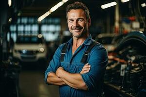 Technician, male auto mechanic in coverall in modern auto repair shop, garage. Generative AI photo