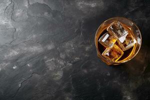 Whiskey with ice cubes on black marble background, top view.  Generative AI photo