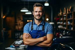 Technician, male auto mechanic in coverall in modern auto repair shop, garage. Generative AI photo