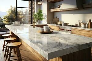 Interior of modern kitchen with gray walls, concrete floor, white marble countertops and bar with stools. Generative AI photo