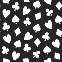 White colored poker suit pattern on black background, vector seamless casino background with card suits, clubs, hearts, spades and diamonds