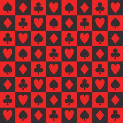 poker pattern, seamless vector casino background with card suits, clubs, hearts, spades and diamonds with black and red checks