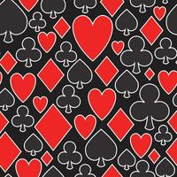 Poker card game pattern, vector seamless casino background with card suits, clubs, hearts, spades and diamonds with white outline
