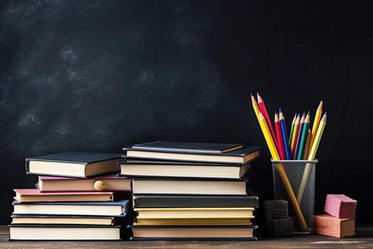 Bookshelf and vintage writing desk with books and decorations on black background. Generative AI photo