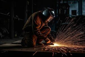 Industrial worker with protective mask welding steel structure in a factory. Generative AI photo