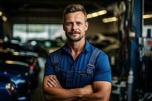 Technician, male auto mechanic in coverall in modern auto repair shop, garage. Generative AI photo