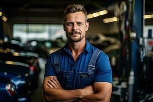 técnico, masculino auto mecánico en bata en moderno auto reparar comercio, cochera. generativo ai foto