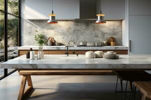 Interior of modern kitchen with gray walls, concrete floor, white marble countertops and bar with stools. Generative AI photo