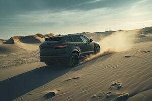 luxury car on sand dunes. Generative AI photo