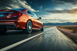 Sports car on the road at sunset with blur effect. Generative AI photo