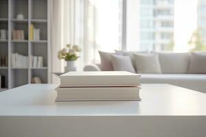 Close - up Modern white table top with free space to edit your product display with books above the living room blurred in the background. Generative AI photo