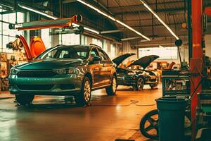 Car repair service. Auto mechanic repairing car in auto repair shop. Generative AI photo
