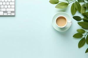 Office desk table with keyboard and coffee cup. Top view with copy space. Generative AI photo