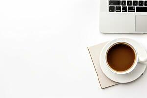 Office desk table with keyboard and coffee cup. Top view with copy space. Generative AI photo