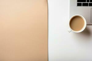 Office desk table with keyboard and coffee cup. Top view with copy space. Generative AI photo