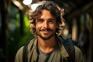 hermoso joven hombre turista teniendo divertido en verano vacaciones sonriente y mirando a cámara. generativo ai foto