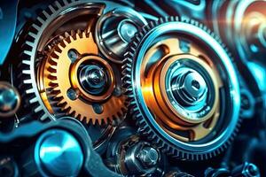 Gear wheels, close-up view. Mechanism and engineering concept. Generative AI photo