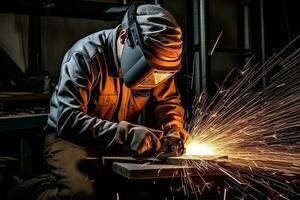 Industrial worker wearing protective clothing and mask welding metal in factory. Generative AI photo